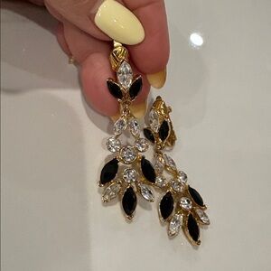 Trifari vintage CLIP Gold Tone Black and Clear Crystal Drop Earrings formal